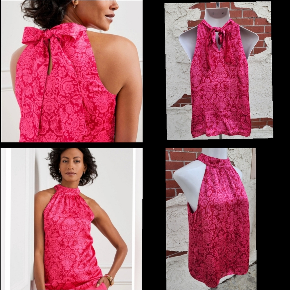 New $109 women TALBOTS Pink Red Floral Tie Neck Satin Halter Top Blouse SIZE 12